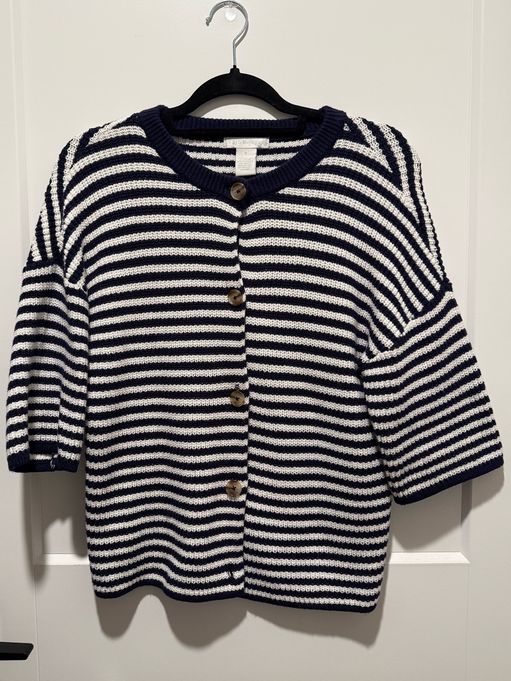 Navy and White Striped Button-Up Cardigan